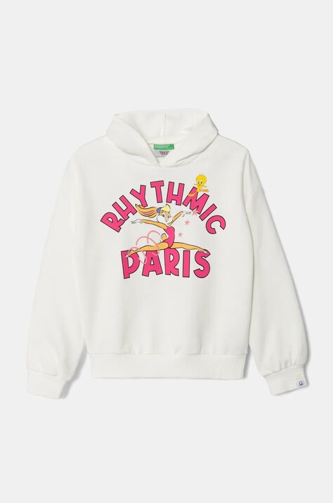 Detská bavlnená mikina United Colors of Benetton x Looney Tunes biela farba, s kapucňou, s potlačou, 3J68C204B