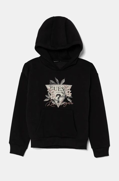 Guess bluza dziecięca kolor czarny z kapturem z aplikacją J4BQ27 KCKF2