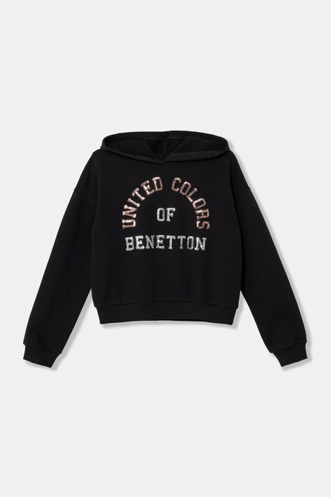 Dětská mikina United Colors of Benetton černá barva, s kapucí, s aplikací, 39M2C203W