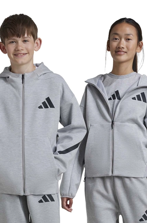 Detská mikina adidas J Z.N.E.FZ šedá farba, s kapucňou, s potlačou, JI7548