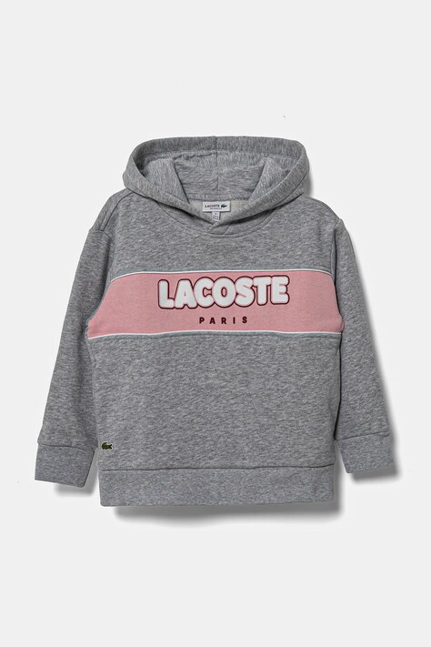 Lacoste bluză copii culoarea gri, cu glugă, cu imprimeu, SJ2445