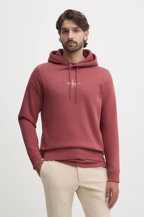 Calvin Klein Jeans bluza barbati, culoarea bordo, cu glugă, cu imprimeu, J30J325629
