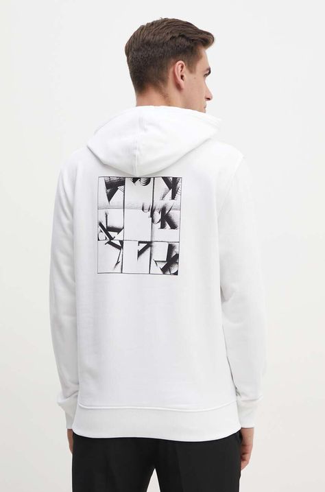 Хлопковая кофта Calvin Klein Jeans мужская цвет белый с капюшоном с принтом J30J325639