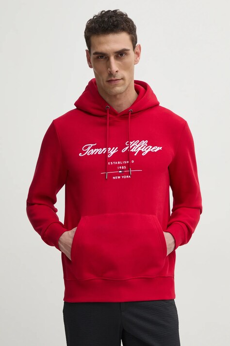 Tommy Hilfiger bluza barbati, culoarea rosu, cu glugă, cu imprimeu, MW0MW33631
