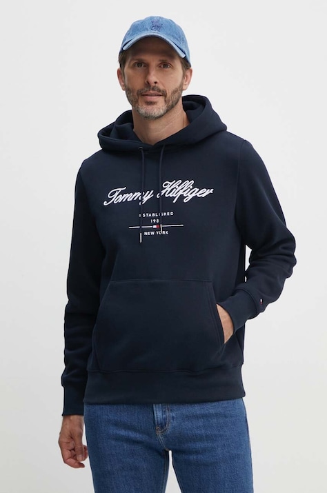 Tommy Hilfiger bluza barbati, culoarea albastru marin, cu glugă, cu imprimeu, MW0MW33631