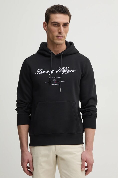 Tommy Hilfiger bluza barbati, culoarea negru, cu glugă, cu imprimeu, MW0MW33631