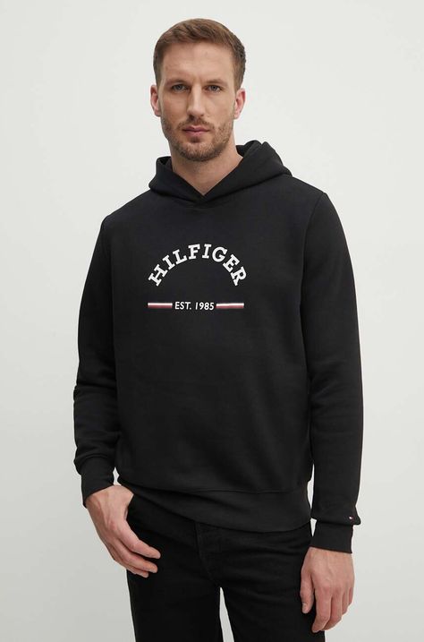 Μπλούζα Tommy Hilfiger χρώμα: μαύρο, με κουκούλα, MW0MW35568