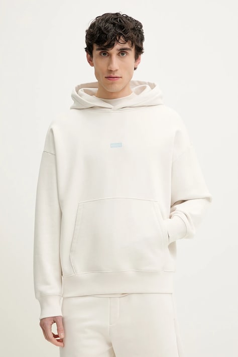 Памучен суичър Hugo Blue в бежово с качулка с принт 50510724