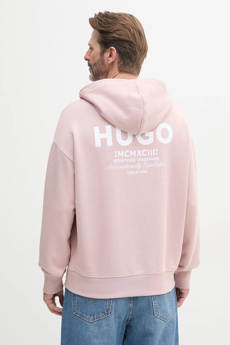 Bavlněná mikina Hugo Blue pánská, růžová barva, s kapucí, s potiskem, 50510724