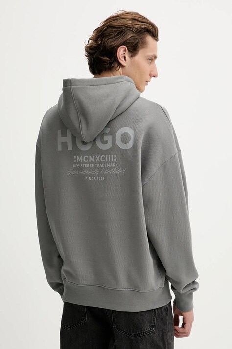 Hugo Blue hanorac de bumbac culoarea negru, cu glugă, cu imprimeu, 50510724