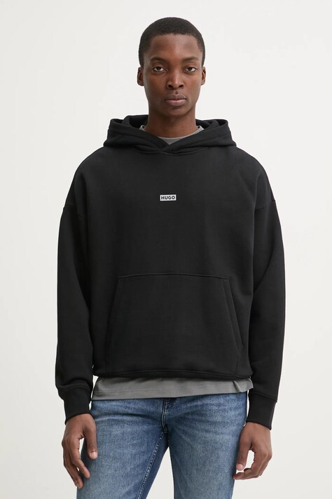 Bavlněná mikina Hugo Blue pánská, černá barva, s kapucí, s potiskem, 50510724