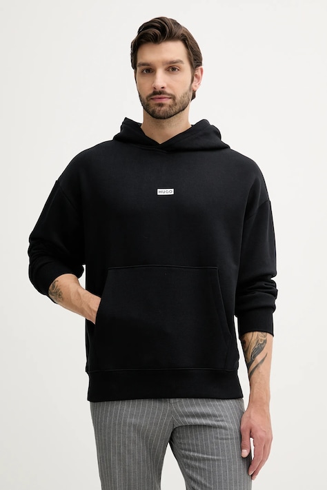 Памучен суичър Hugo Blue мъжки в черно с качулка с принт 50510724