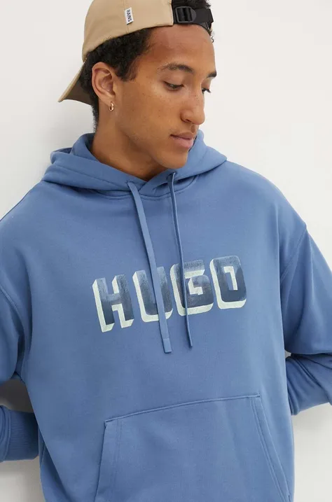 HUGO bluza bawełniana męska kolor niebieski z kapturem z nadrukiem 50516655