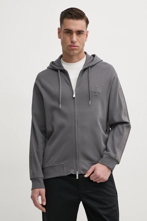 Armani Exchange bluza barbati, culoarea gri, cu glugă, cu imprimeu, 6DZMLC ZJNNZ