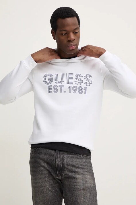 Guess bluza BEAU barbati, culoarea alb, cu glugă, cu imprimeu, M4YQ36 K9Z21