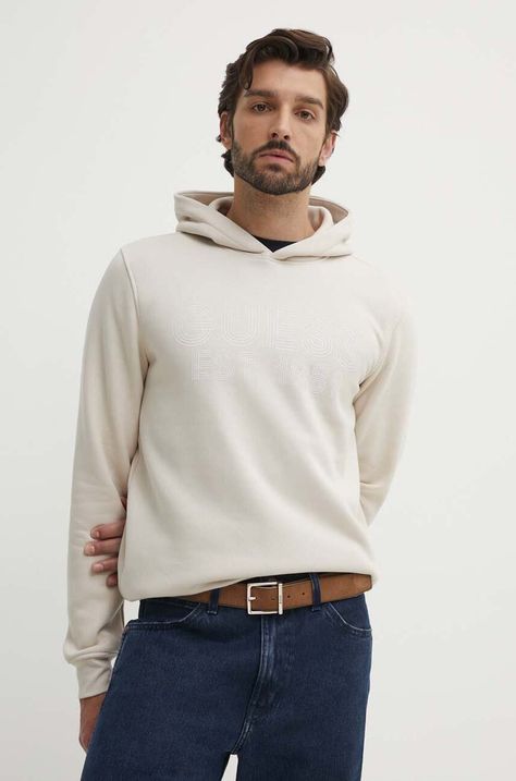 Суичър Guess BEAU в бежово с качулка с принт M4YQ36 K9Z21