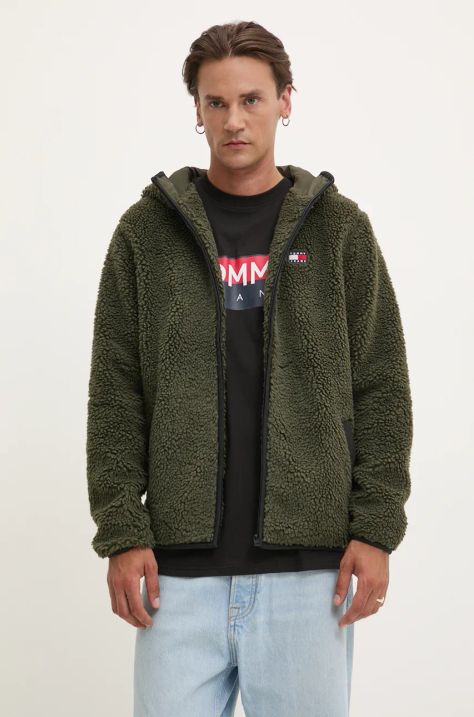 Tommy Jeans hanorac fleece culoarea verde, cu glugă, cu imprimeu, DM0DM19224