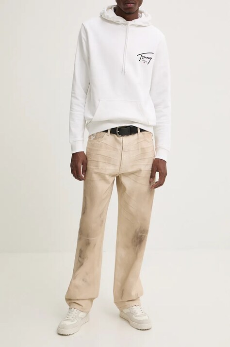 Tommy Jeans hanorac de bumbac barbati, culoarea alb, cu glugă, cu imprimeu, DM0DM19229