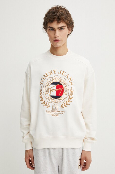 Bavlnená mikina Tommy Jeans pánska, béžová farba, s nášivkou, DM0DM19243