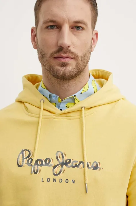 Pepe Jeans hanorac de bumbac SAUL HOODIE barbati, culoarea galben, cu glugă, cu imprimeu, PM582695