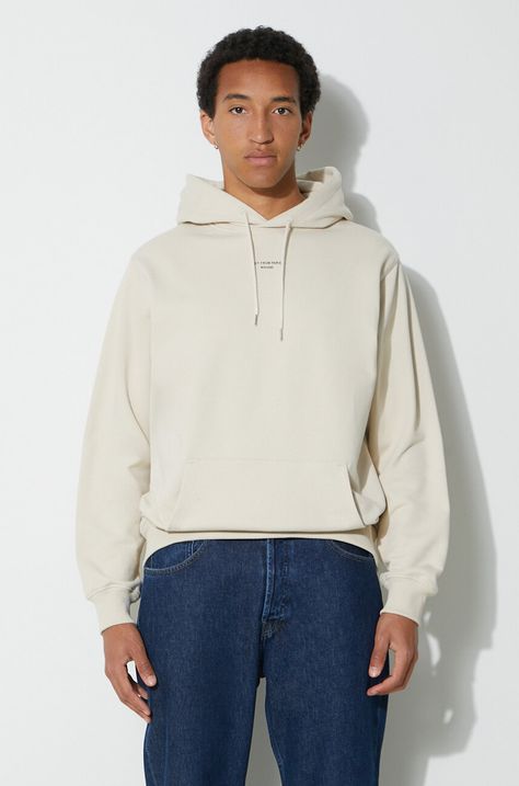 Bavlněná mikina Drôle de Monsieur Le Hoodie Slogan a Poche Classique pánská, béžová barva, s kapucí, hladká, PERM-HO161-CO127-MT