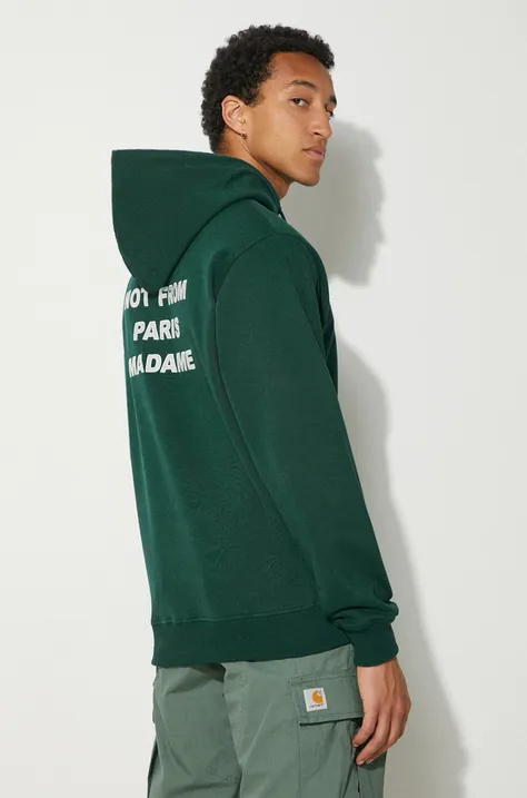 Drôle de Monsieur bluza bawełniana Le Hoodie Slogan męska kolor zielony z kapturem z nadrukiem PERM-HO162-CO127-DGN