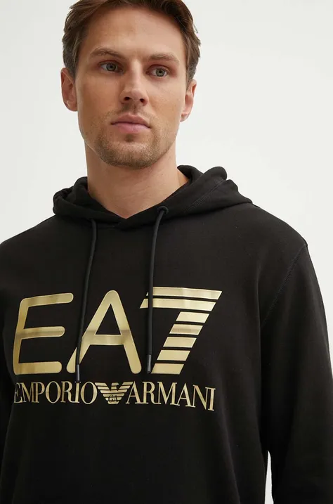 Хлопковая кофта EA7 Emporio Armani мужская цвет чёрный с капюшоном с принтом PJSHZ.6DPM16