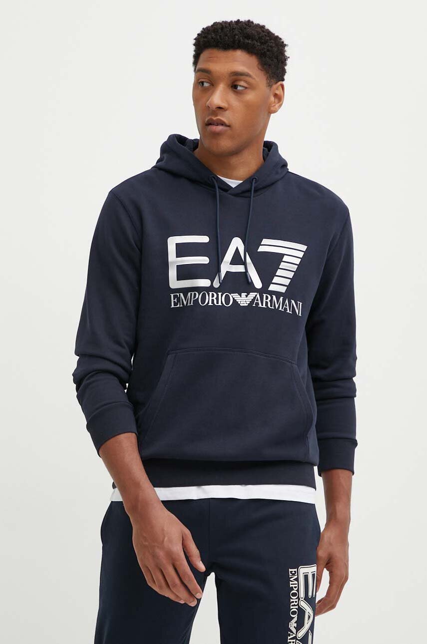 Хлопковая кофта EA7 Emporio Armani мужская цвет синий с капюшоном с принтом PJSHZ.6DPM16