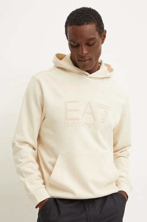 EA7 Emporio Armani hanorac de bumbac barbati, culoarea bej, cu glugă, cu imprimeu, PJUAZ.6DPM22