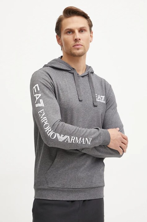 EA7 Emporio Armani hanorac de bumbac barbati, culoarea gri, cu glugă, cu imprimeu, PJ05Z.8NPM18