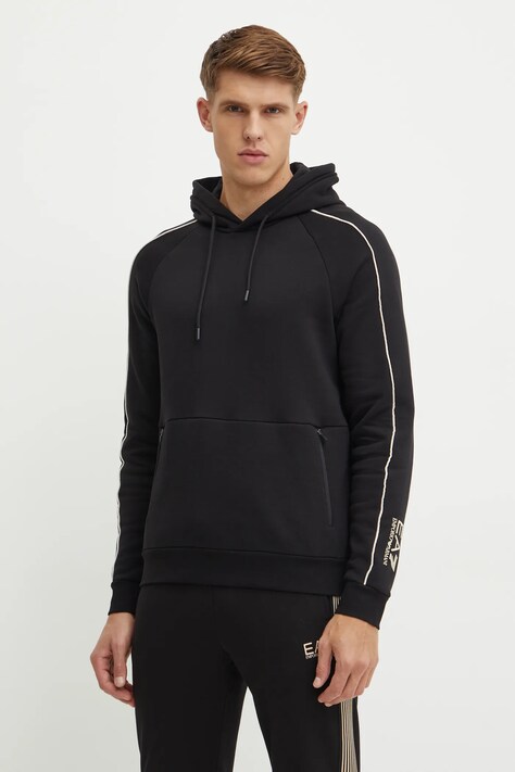 EA7 Emporio Armani hanorac de bumbac barbati, culoarea negru, cu glugă, neted, PJZJZ.6DPM21