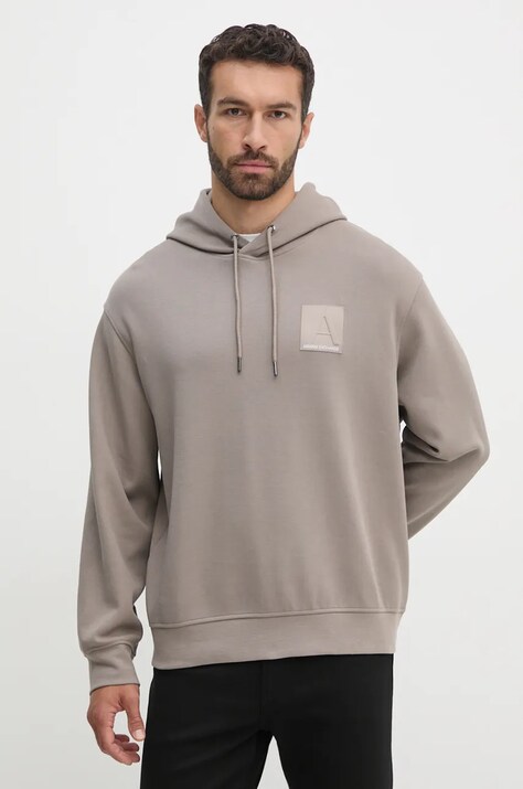 Armani Exchange bluza barbati, culoarea bej, cu glugă, cu imprimeu, 6DZMJB ZJNKZ