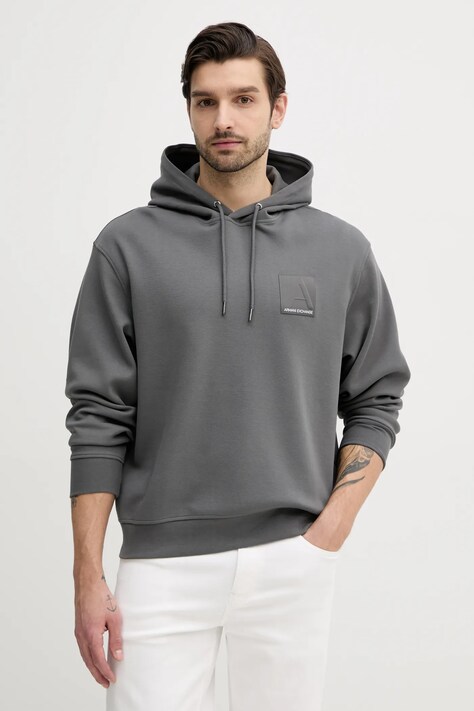 Mikina Armani Exchange pánská, šedá barva, s kapucí, s aplikací, 6DZMJB ZJNKZ