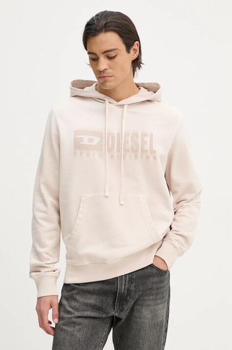 Хлопковая кофта Diesel S-GINN-HOOD-K44 мужская цвет бежевый с капюшоном узор A14022.0KMAM