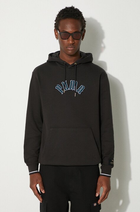 Хлопковая кофта Puma Classics Play Paris Hoodie мужская цвет чёрный с капюшоном с аппликацией 626766