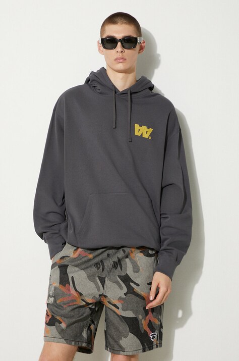 Памучен суичър Wood Wood Sweatshirt GOTS в сиво с качулка с принт 10305618.2424