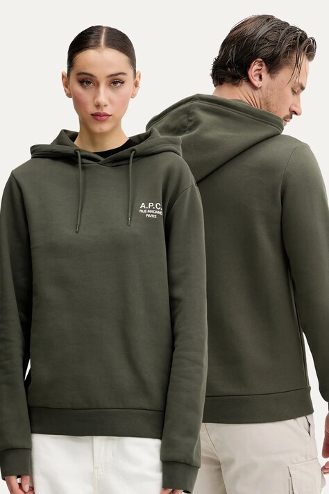 A.P.C. bluză hoodie standard rue madame GOTS culoarea verde, cu glugă, melanj, COHBV.M27914