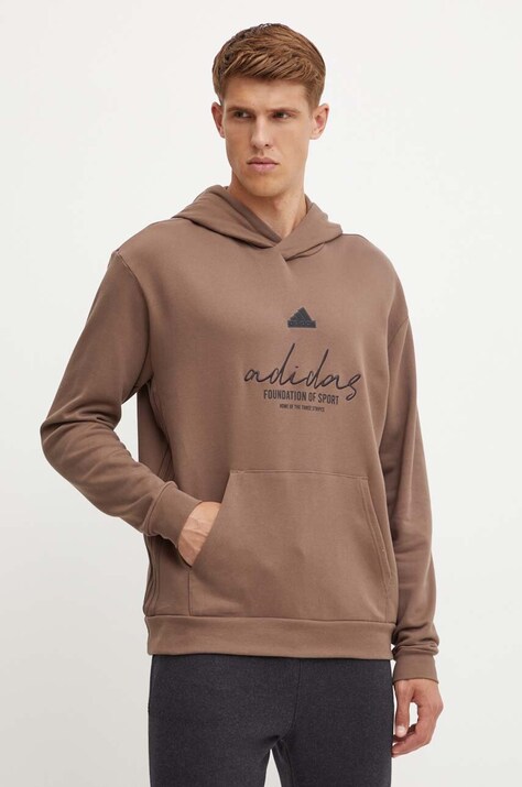 adidas hanorac de bumbac Brand Love barbati, culoarea maro, cu glugă, cu imprimeu, IW3534