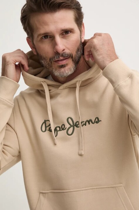 Хлопковая кофта Pepe Jeans NEW JOE HOODIE мужская цвет бежевый с капюшоном с аппликацией PM582716