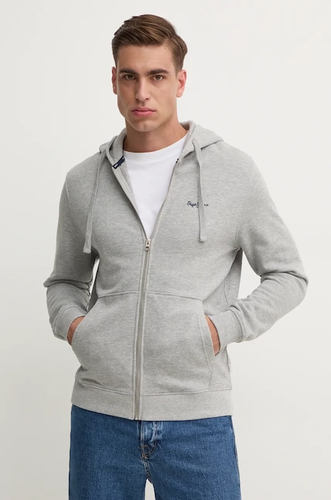 Памучен суичър Pepe Jeans NEW JOE ZIP в сиво с качулка с апликация PM582717