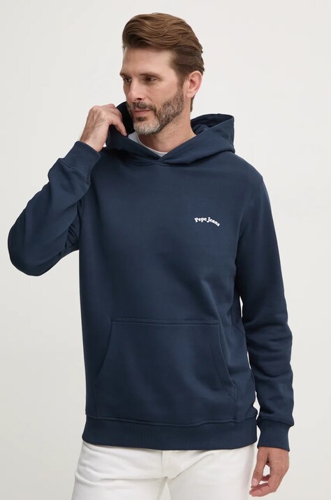 Хлопковая кофта Pepe Jeans SOMERTON мужская цвет синий с капюшоном с принтом PM582725