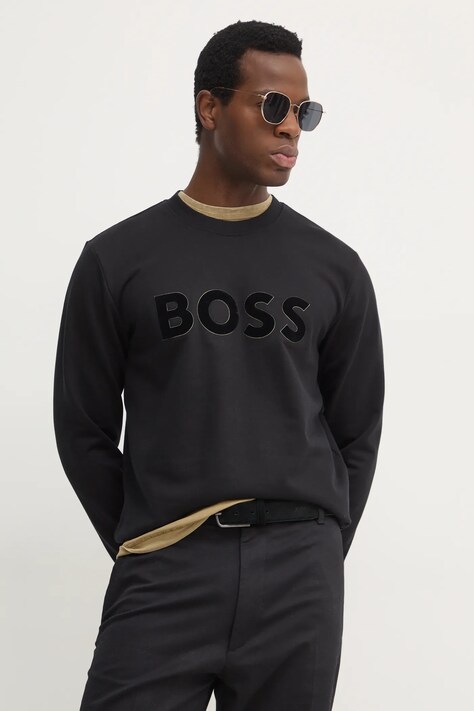 Bavlněná mikina BOSS pánská, černá barva, s aplikací, 50524360