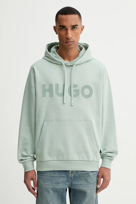 HUGO hanorac de bumbac culoarea negru, cu glugă, cu imprimeu, 50529090
