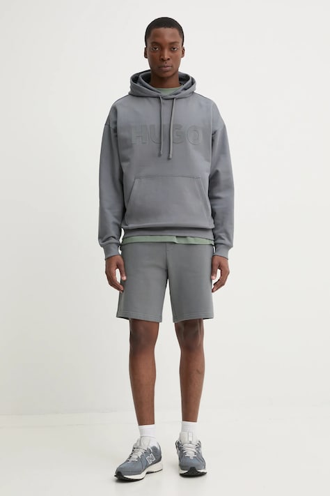 Памучен суичър HUGO в черно с качулка с принт 50529090