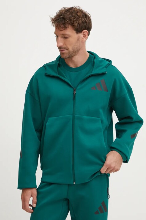 Суичър adidas ZNE Z.N.E. в зелено с качулка принт JF6539