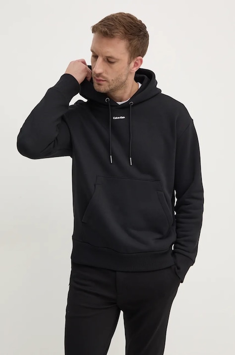 Calvin Klein bluză barbati, culoarea negru, cu glugă, cu imprimeu, K10K112871