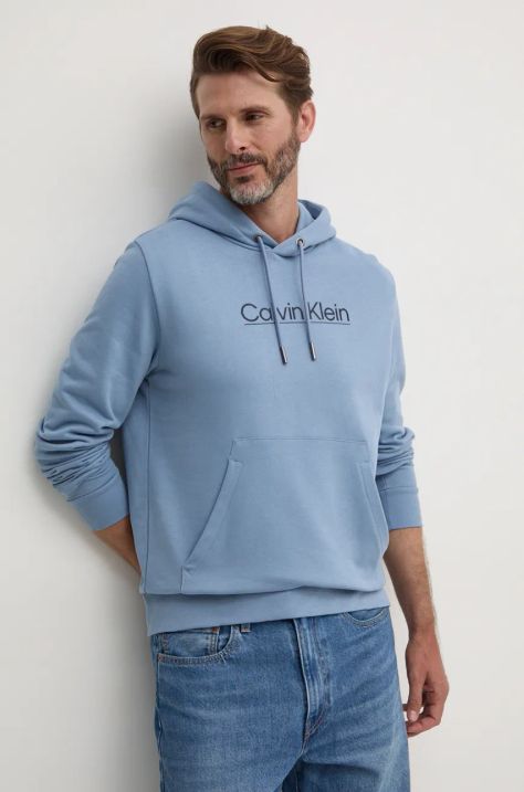 Bavlněná mikina Calvin Klein pánská, modrá barva, s kapucí, s potiskem, K10K113576