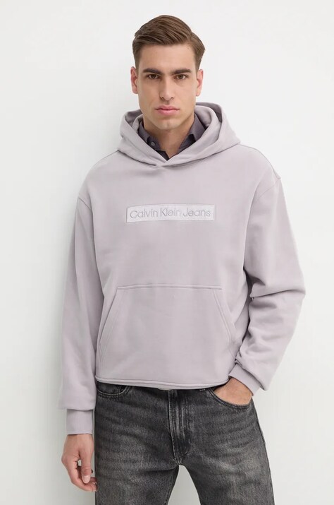 Calvin Klein Jeans hanorac de bumbac barbati, culoarea gri, cu glugă, cu imprimeu, J30J326147