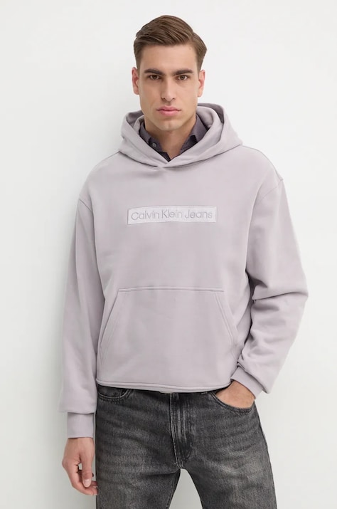 Хлопковая кофта Calvin Klein Jeans мужская цвет серый с капюшоном с аппликацией J30J326147