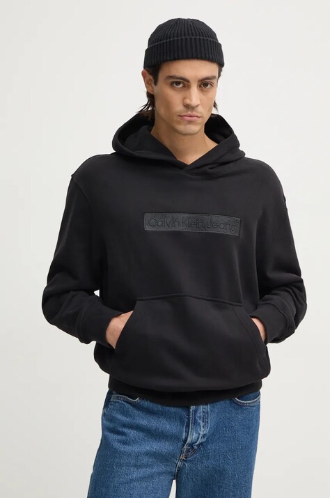 Calvin Klein Jeans hanorac de bumbac barbati, culoarea negru, cu glugă, cu imprimeu, J30J326147